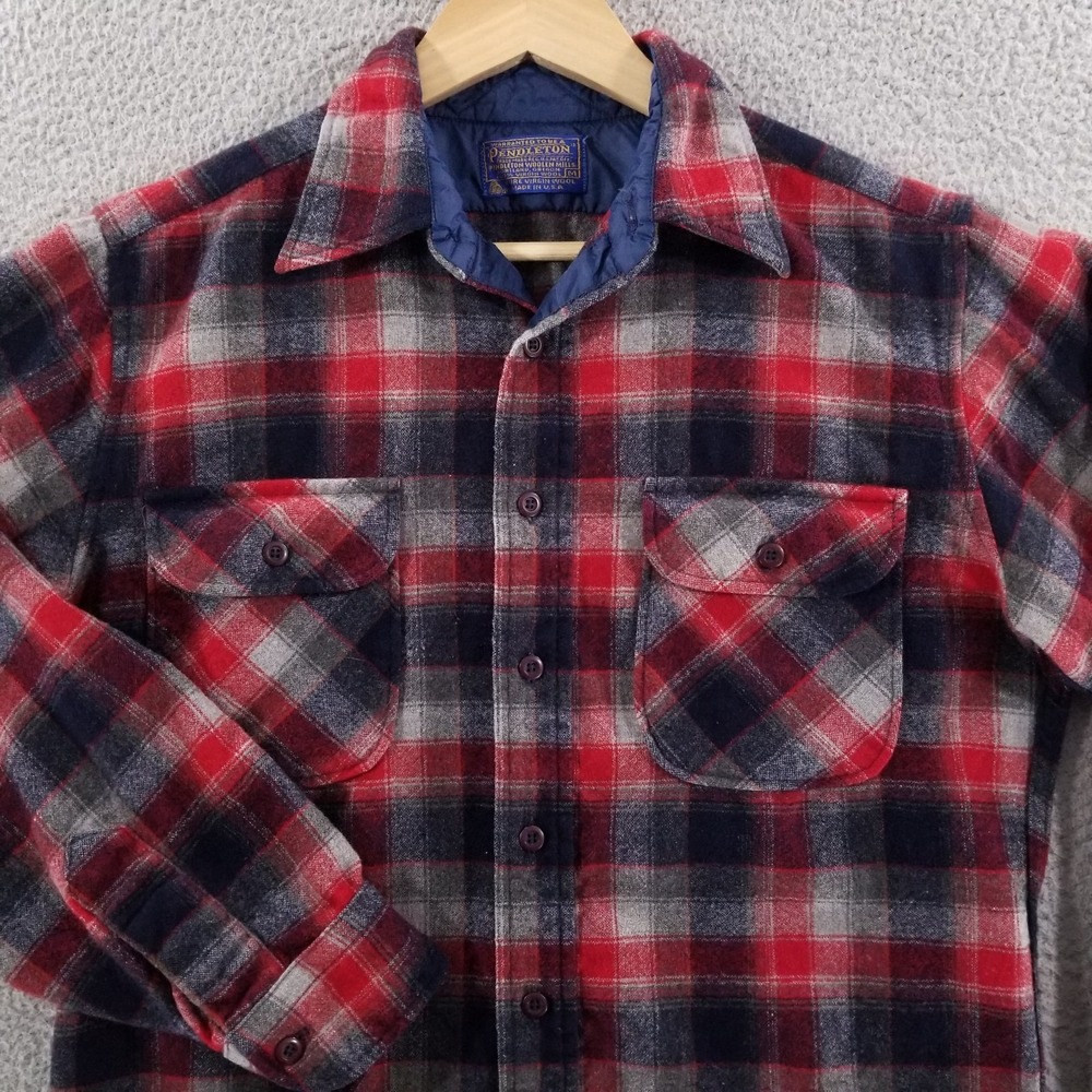 VTG Pendleton Shirt Medium Red Navy Plaid Wool Made USA Trail Guide Workwear